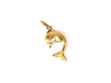 a close up of a gold dolphin pendant on a white background