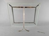 a glass table with two metal legs and a glass table top