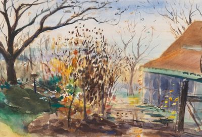 une aquarelle représentant une maison dans les bois
