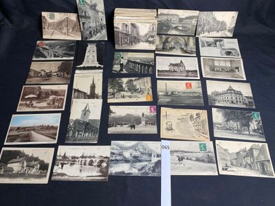 several old postcards of old buildings and buildings on a table