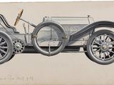 un vieux dessin représentant une voiture avec un volant, sur fond blanc
