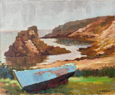 an oil painting of a boat sitting on top of a lush green field