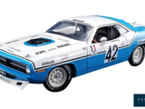 a picture of a blue and white car with numbers on it