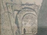 an old picture of a man walking down a street