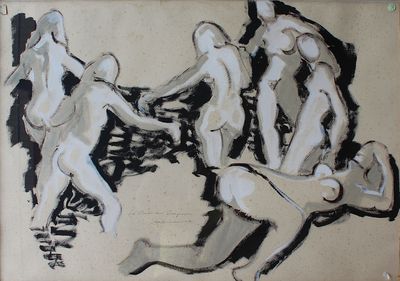 un tableau représentant un groupe de personnes jouant avec un chien