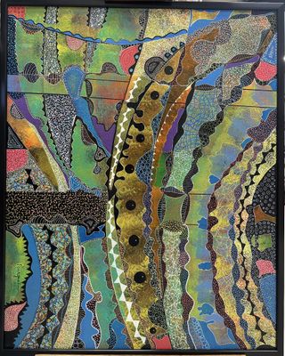 abstract painting of a snake in a black frame on a wall