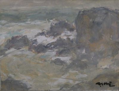 an image of a painting of a mountain with a sky in the background