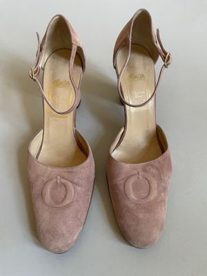 chanel pink sued pumps with gold buckles
