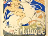une vieille affiche représentant une femme à cheval, avec un homme sur le dos