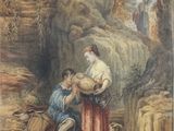 painting of a man and a woman in a landscape with rocks and trees