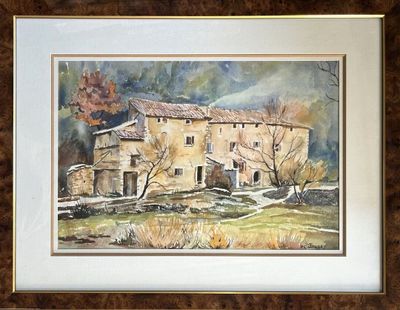 framed watercolor painting of a house in a field with a tree in the foreground