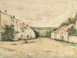 drawing of a street with houses and trees in the distance