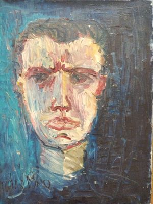 une peinture à l'huile représentant le visage d'un homme sur fond bleu