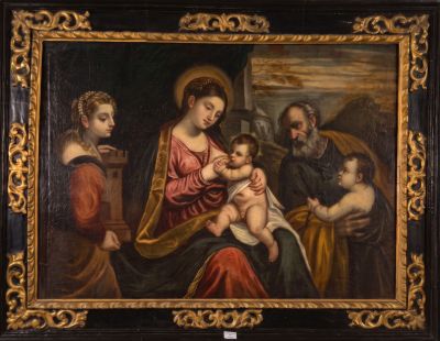 an old painting of a family with a baby in a room