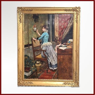 un tableau représentant une femme assise à un bureau devant un miroir