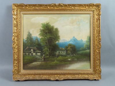 Ecole du début du XXe siècle. Paysage de montagne animé.