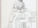 an old drawing of a woman sitting at a table with her legs crossed