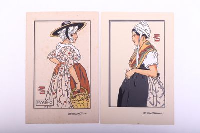 deux cartes postales anciennes de femmes en vêtements et chapeaux traditionnels
