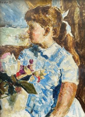 portrait of a young girl with a bouquet of flowers in her hand