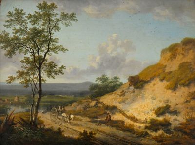 tableau représentant un paysage avec un homme sur une charrette tirée par un cheval