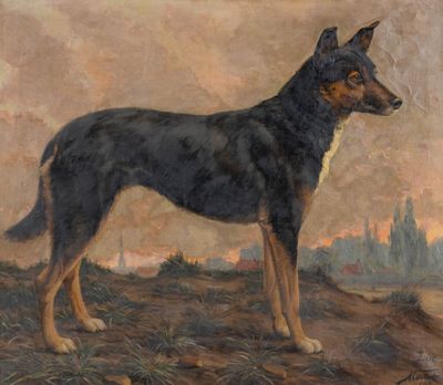 tableau représentant un chien noir et marron debout au milieu d'un champ recouvert d'herbe