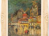 an oil painting of a city street with people walking in the rain