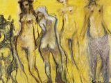 painting of a group of nudes standing next to each other on a yellow background