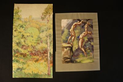 two paintings of a man and a woman hanging on a wall