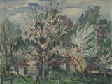 une image représentant un tableau où l'on voit un champ avec des arbres et une maison en arrière-plan