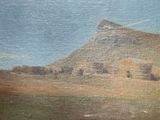 a painting of a landscape with a mountain in the background
