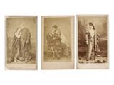 three antique photographs of women in period clothing, one of which is holding a baby