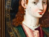 an old painting of a woman with red hair and a green dress