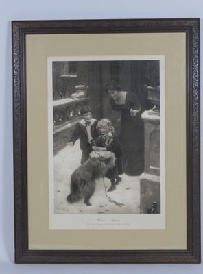an old photo of a woman and a dog in the snow