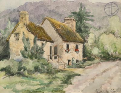 painting of a house with a thatched roof and a path in front of it
