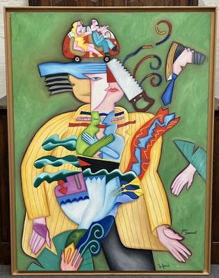 tableau représentant une femme tenant une scie, avec un oiseau sur l'épaule
