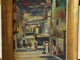 an oil painting of a street scene with people walking down the street