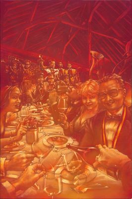 painting of a group of people sitting at a dinner table