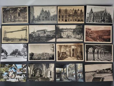 an old photo of a bunch of old photos hanging on a wall