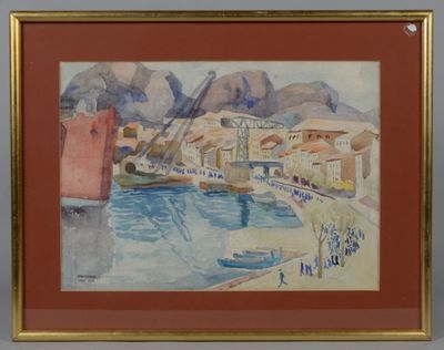 framed watercolor painting of a harbor scene with boats in the water