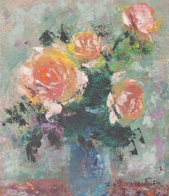peinture au pastel représentant des roses dans un vase bleu posé sur une table