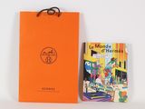orange paper bag with a picture of a man and a woman on it