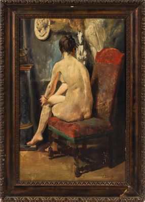 Jules DELAUNAY (vers 1845-1906) Nu assis à la chaise Huile s…