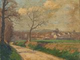 an image of a painting of a country road with a church in the distance