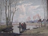 a painting of a group of people by a river