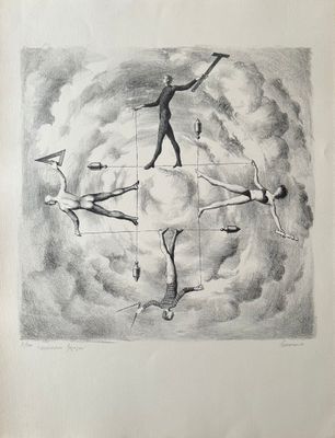 une image représentant un dessin d'un homme sur une corde raide dans le ciel