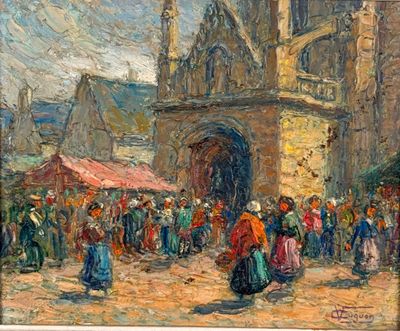 une peinture à l'huile représentant une foule devant une église