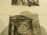 two drawings of a building and a man standing in front of it