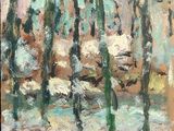 an oil painting of a snowy landscape with trees in the foreground
