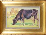 a painting of a cow eating grass in a field