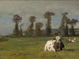 a painting of a cow in a field with trees in the background